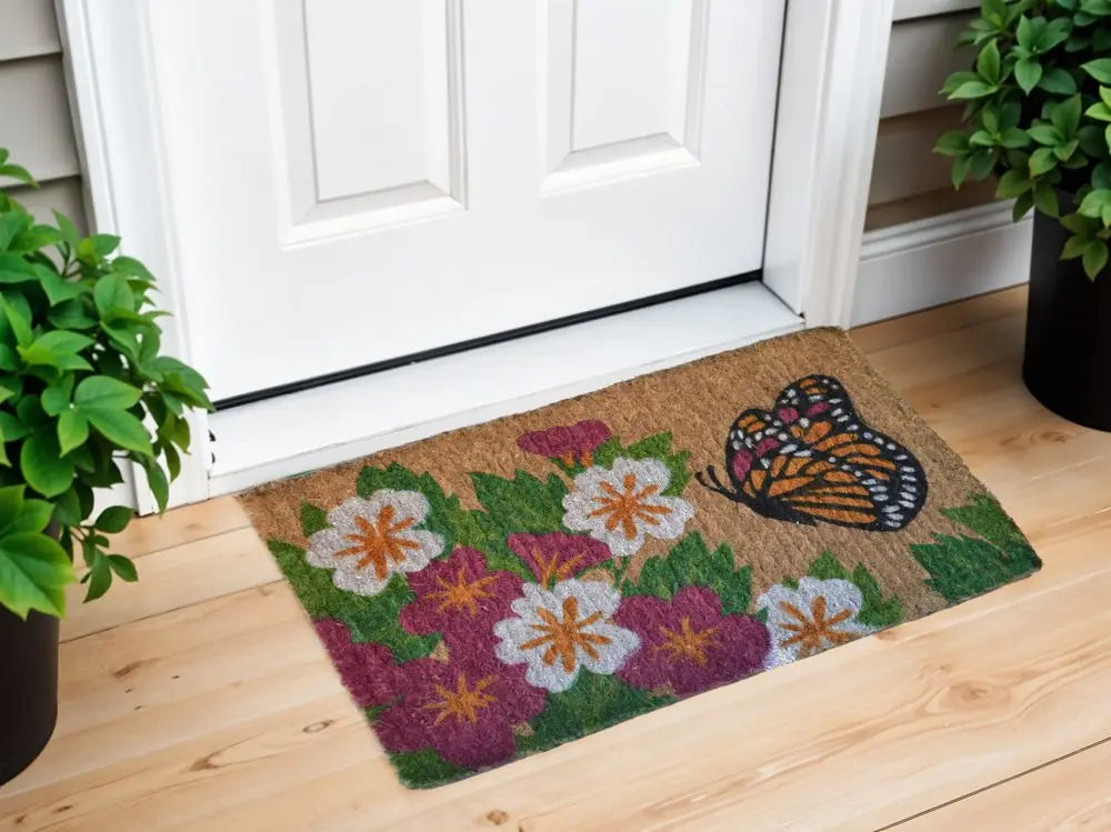 18" X 30" Brown and White Coir Floral Outdoor Door Mat