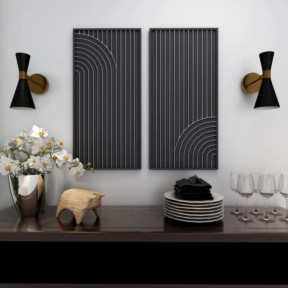 Set of Two Black Metal Abstract Hanging Dimensional Sculptures HomeRoots