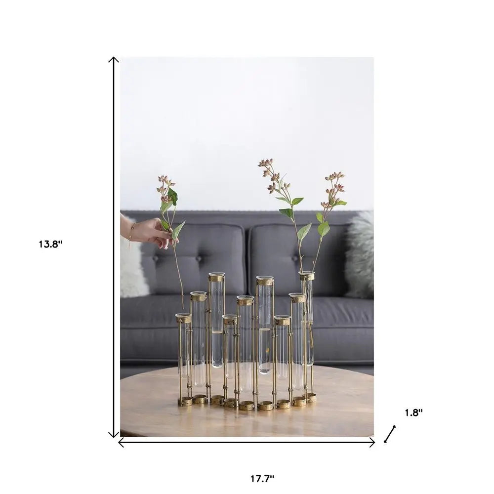 17" Bronze And Clear Enameled Cast Iron And Glass Nine Bloom Table Vase HomeRoots