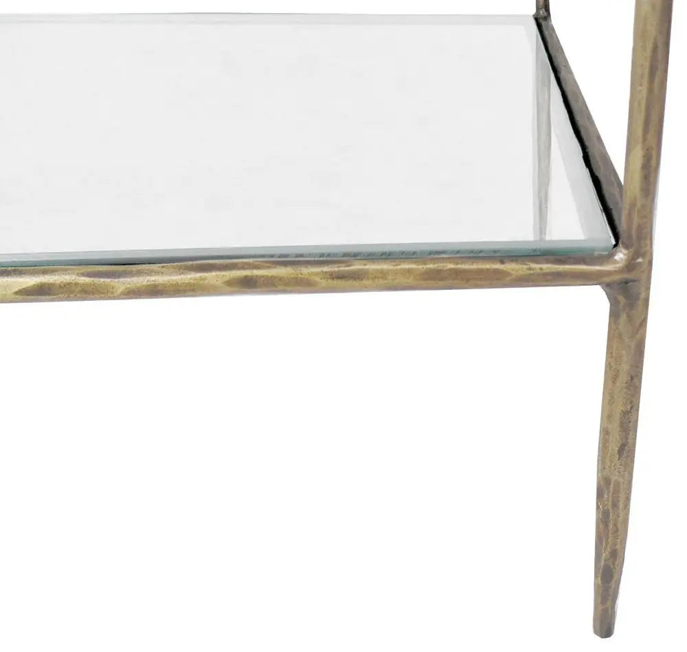 59" Antiqued Gold And Clear Iron and Glass Five Tier Etagere Bookcase - NOBLE HOME INTERIORS