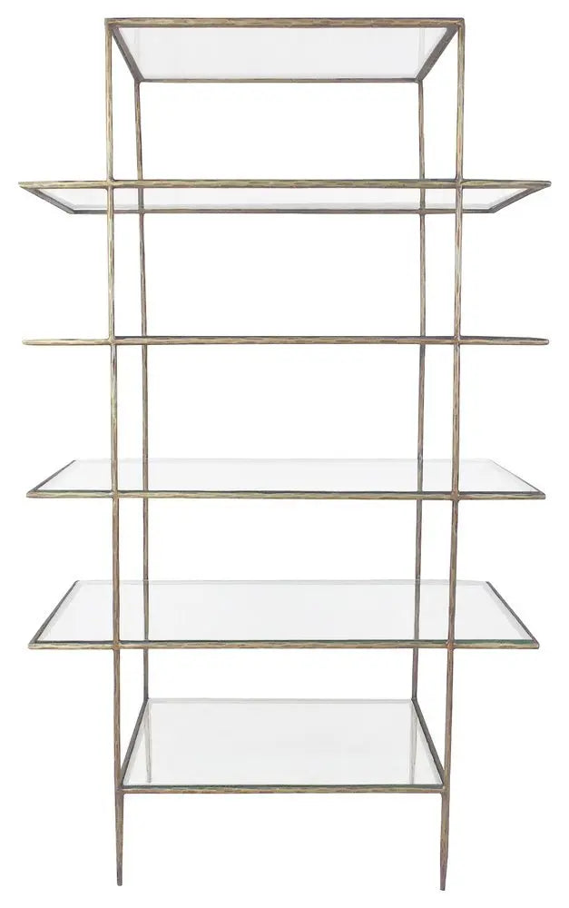 59" Antiqued Gold And Clear Iron and Glass Five Tier Etagere Bookcase - NOBLE HOME INTERIORS