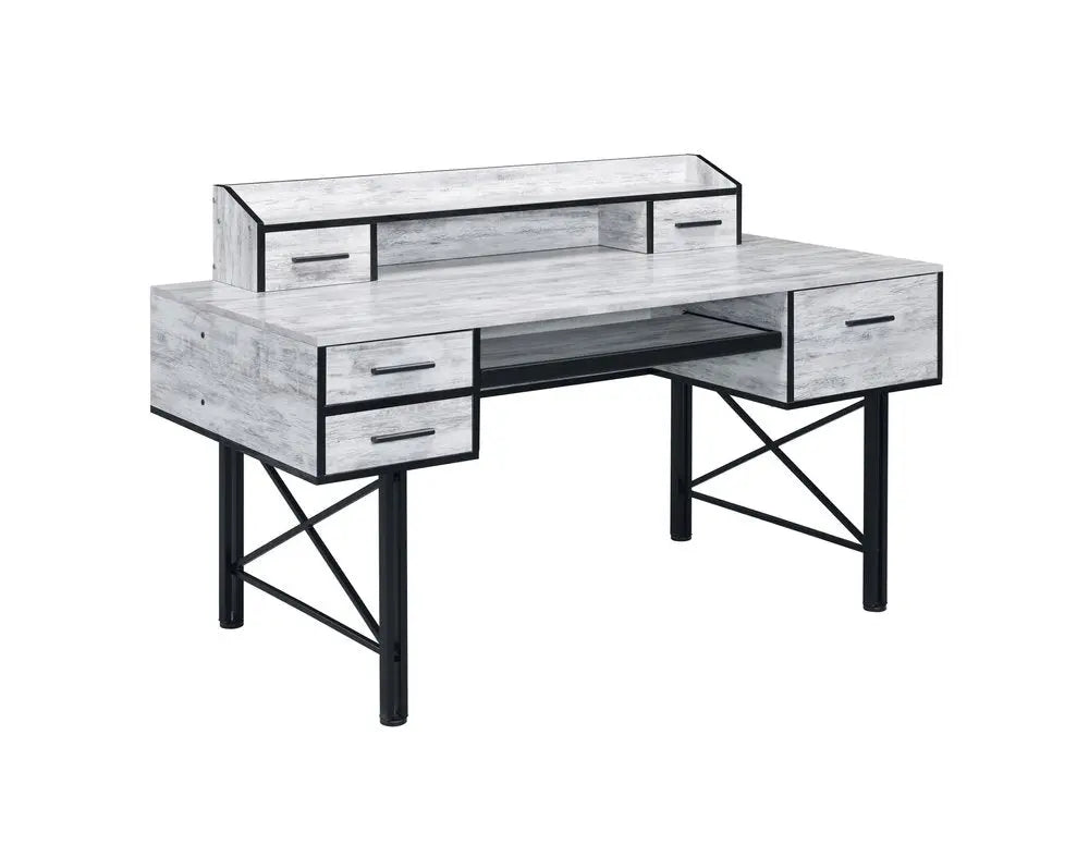 59" Antiqued White and Black Computer Desk With Five Drawers - NOBLE HOME INTERIORS