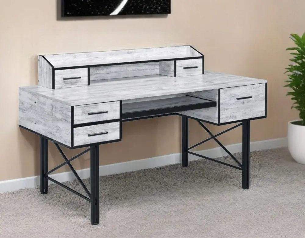 59" Antiqued White and Black Computer Desk With Five Drawers - NOBLE HOME INTERIORS