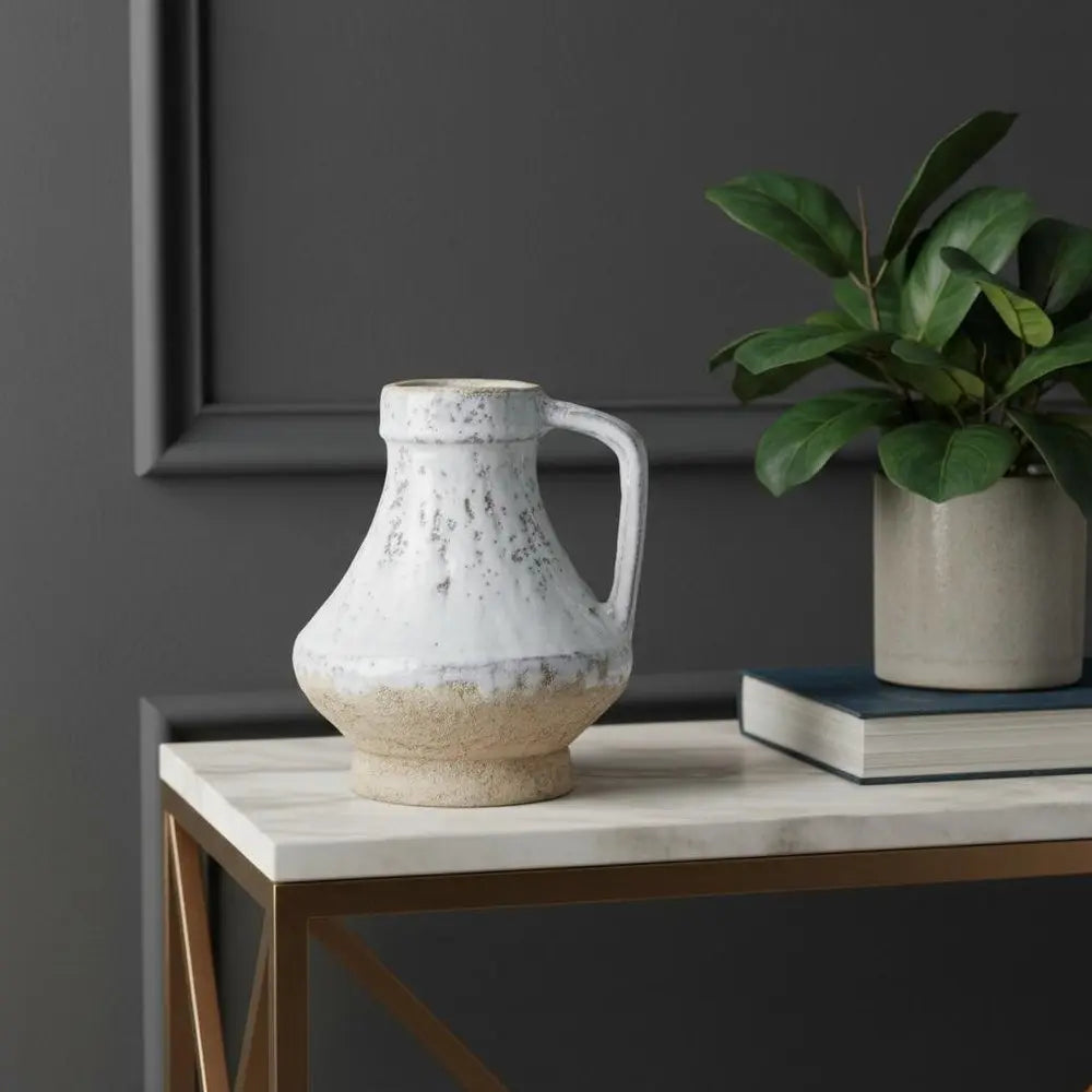 6" Beige and Ivory Round Terracotta Jug Vase With Does Not Apply - NOBLE HOME INTERIORS