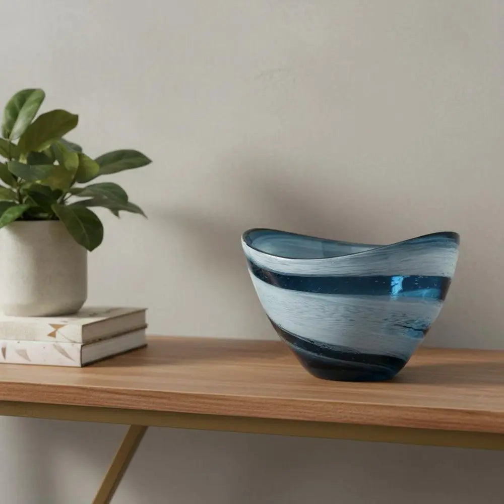 6" Blue And White Oval Glass Table Vase - NOBLE HOME INTERIORS