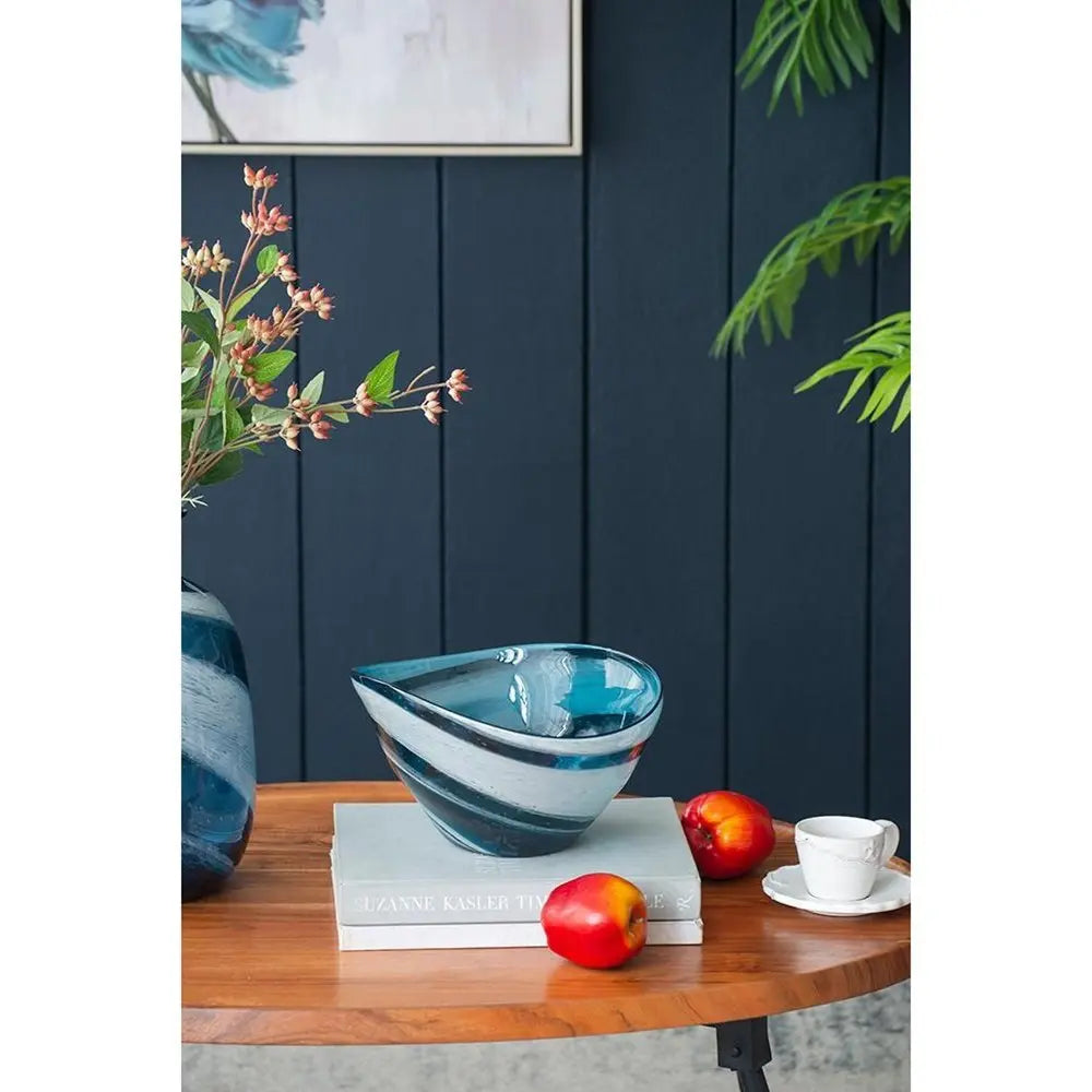 6" Blue And White Oval Glass Table Vase - NOBLE HOME INTERIORS