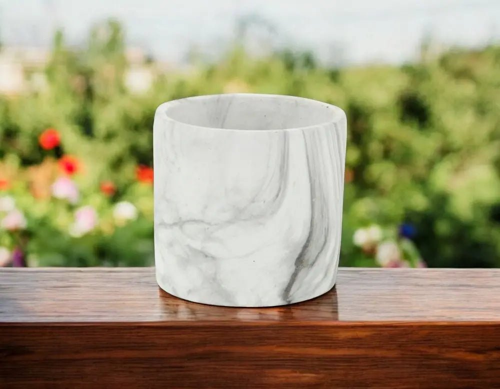 6" White and Gray Marbleized Ceramic Indoor Outdoor Round Pot Planter - NOBLE HOME INTERIORS