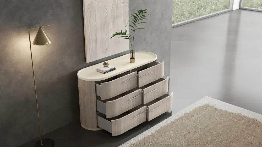 60" Beige Wood Six Drawer Double Dresser - NOBLE HOME INTERIORS