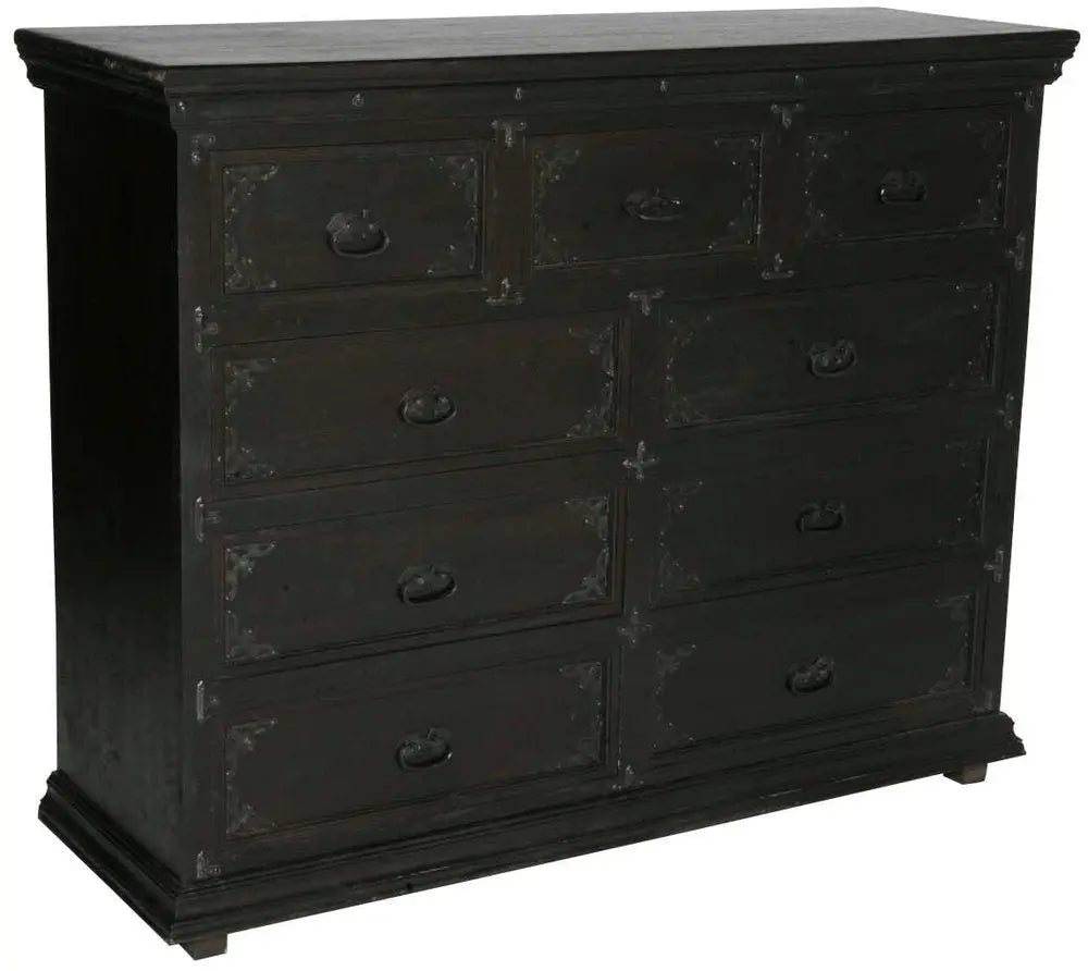 60" Dark Brown Carved Scrollwork Solid Wood Nine Drawer Double Dresser - NOBLE HOME INTERIORS