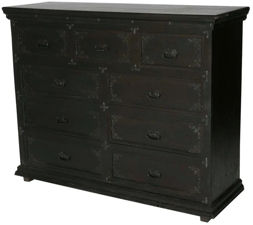 60" Dark Brown Carved Scrollwork Solid Wood Nine Drawer Double Dresser - NOBLE HOME INTERIORS