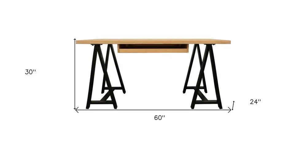 60" Natural and Black Solid Wood and Metal Trestle Executive Desk - NOBLE HOME INTERIORS