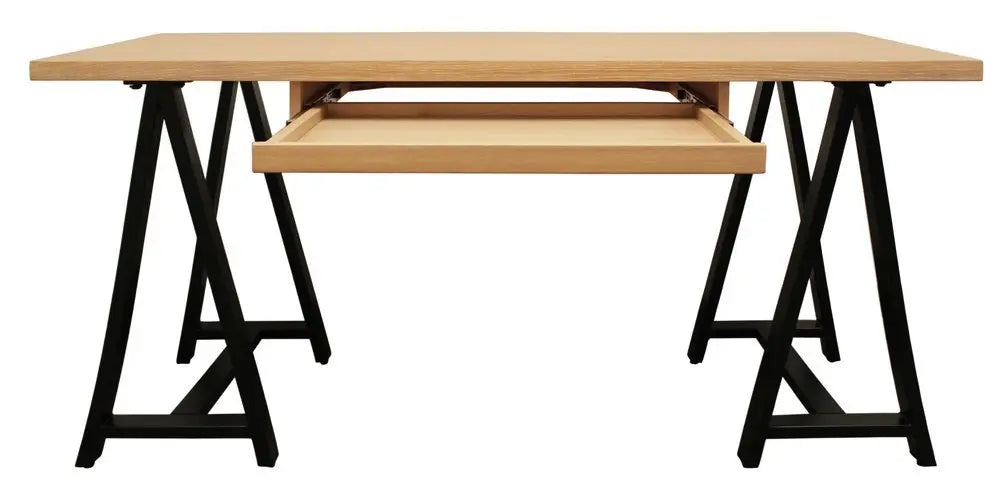 60" Natural and Black Solid Wood and Metal Trestle Executive Desk - NOBLE HOME INTERIORS