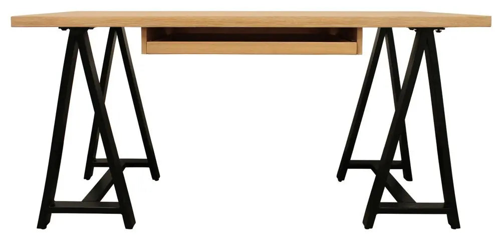 60" Natural and Black Solid Wood and Metal Trestle Executive Desk - NOBLE HOME INTERIORS