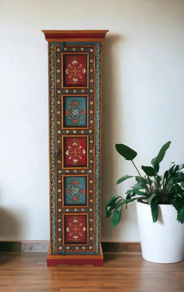 60" Red Blue and Gold Hand Painted Accent Cabinet - NOVA HOME FURNITURE