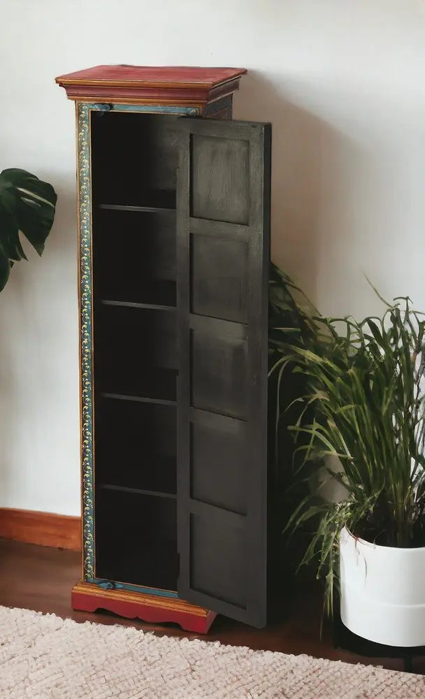 60" Red Blue and Gold Hand Painted Accent Cabinet - NOVA HOME FURNITURE