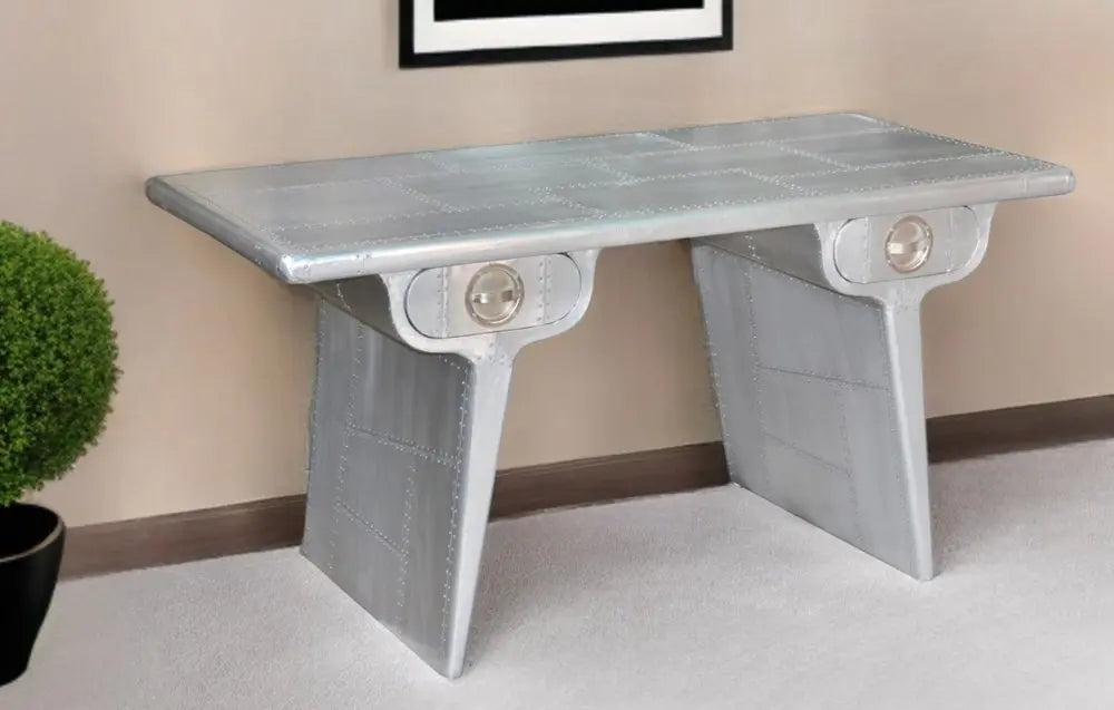 60" Silver Aluminum Writing Desk With Two Drawers - NOBLE HOME INTERIORS