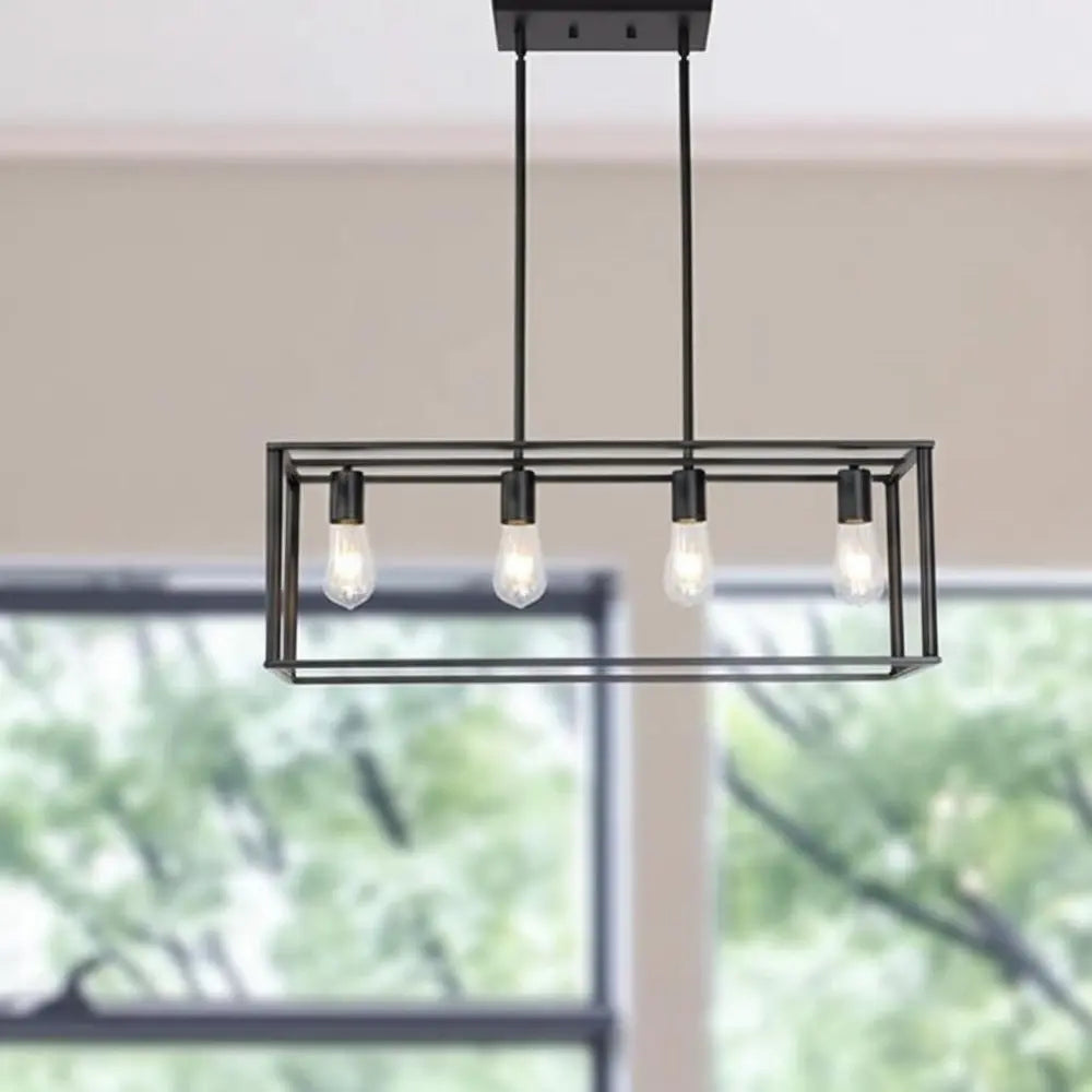 Black Metal Four Light Caged Rectangular Hanging Pendent Light HomeRoots