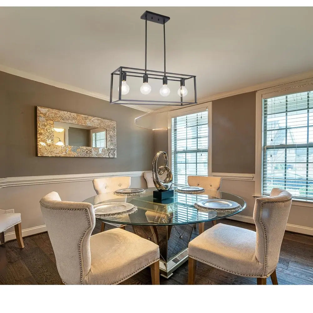 Black Metal Four Light Caged Rectangular Hanging Pendent Light HomeRoots