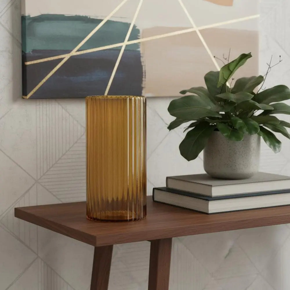 11" Amber Glass Ribbed Cylinder Table Vase HomeRoots