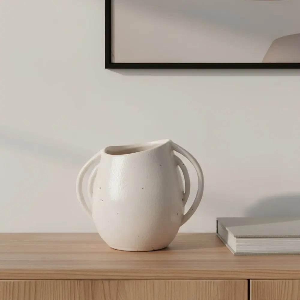 7" Cream Speckle Ceramic Amphora Table Vase HomeRoots