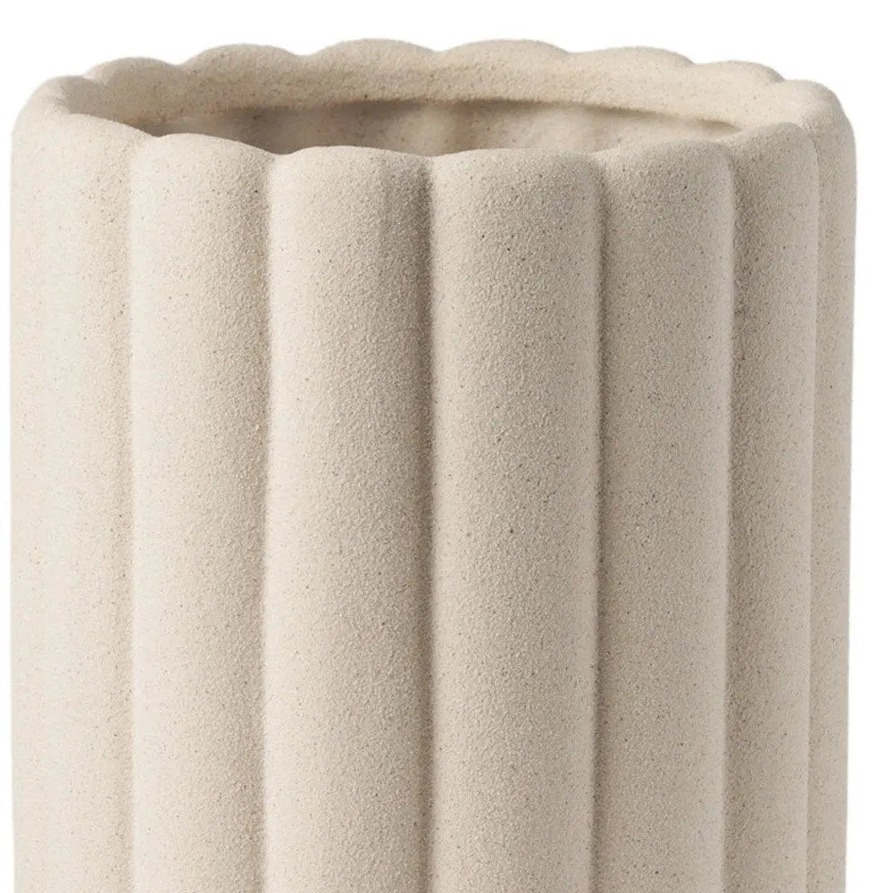 11" Beige Cylinder Ribbed Texture Ceramic Table Vase HomeRoots
