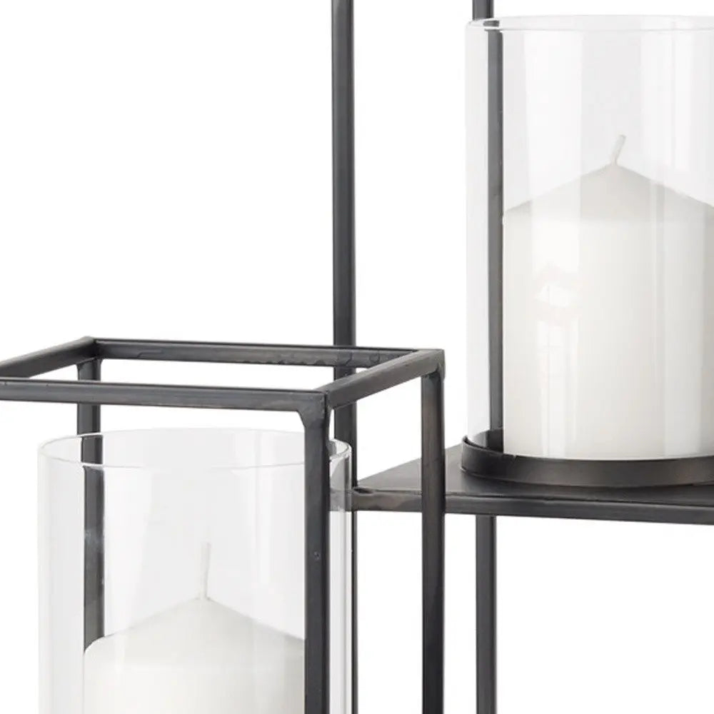 Set of Two Black Geometric Metal And Glass Tabletop Hurricane Candle Holders HomeRoots