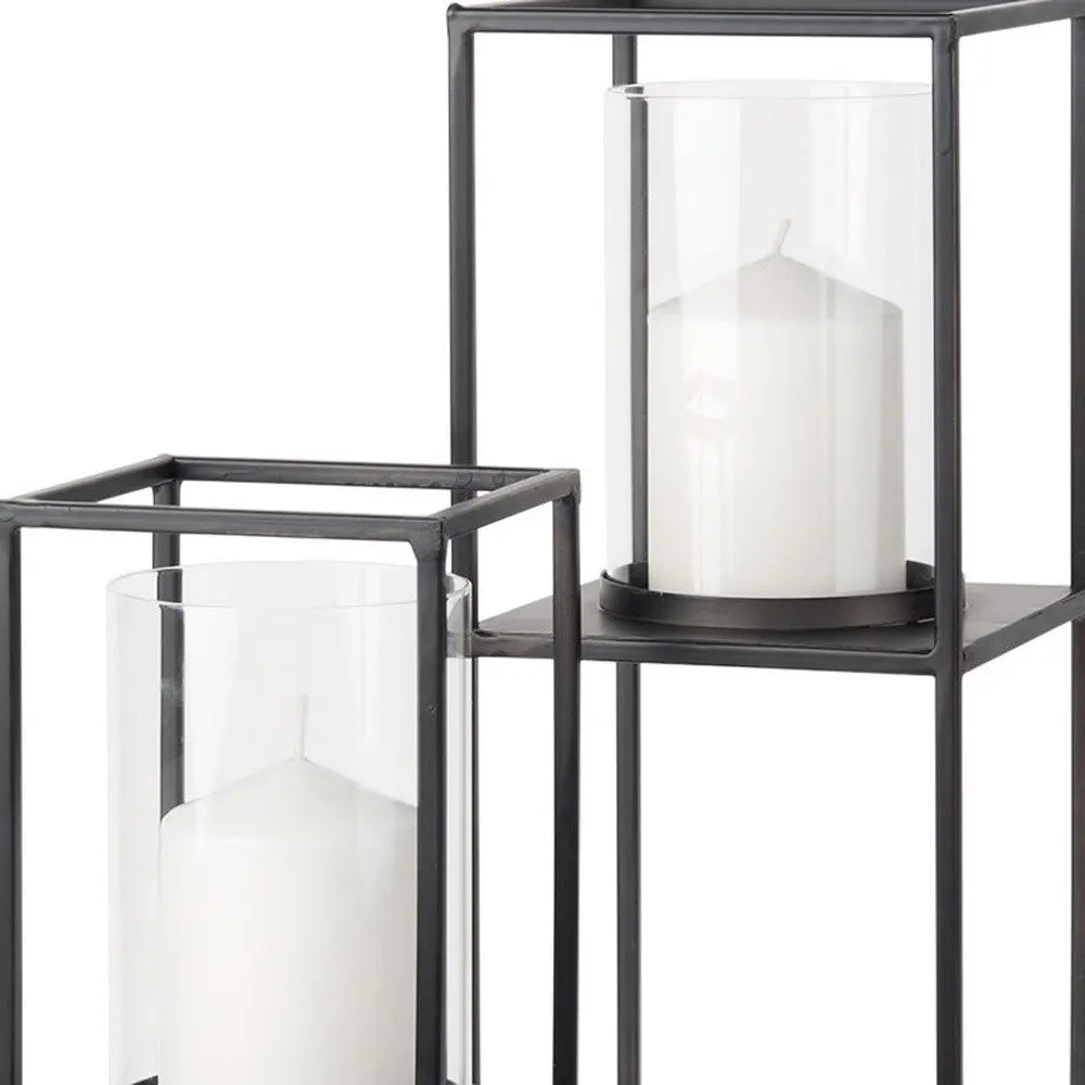 Set of Two Black Geometric Metal And Glass Tabletop Hurricane Candle Holders HomeRoots
