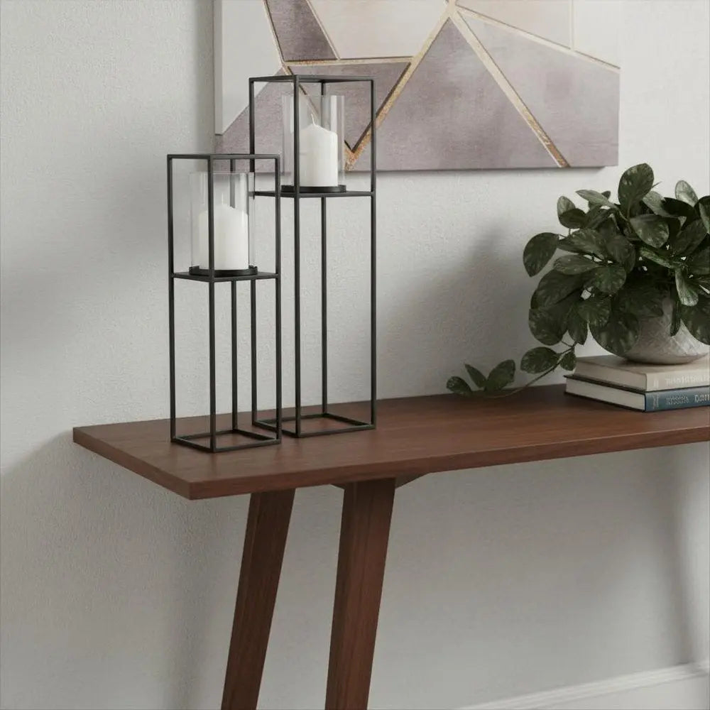 Set of Two Black Geometric Metal And Glass Tabletop Hurricane Candle Holders HomeRoots