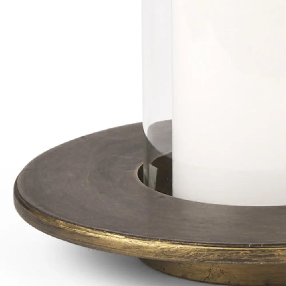 Set of Two Gold Distressed Geometric Metal Tabletop Hurricane Candle Holders