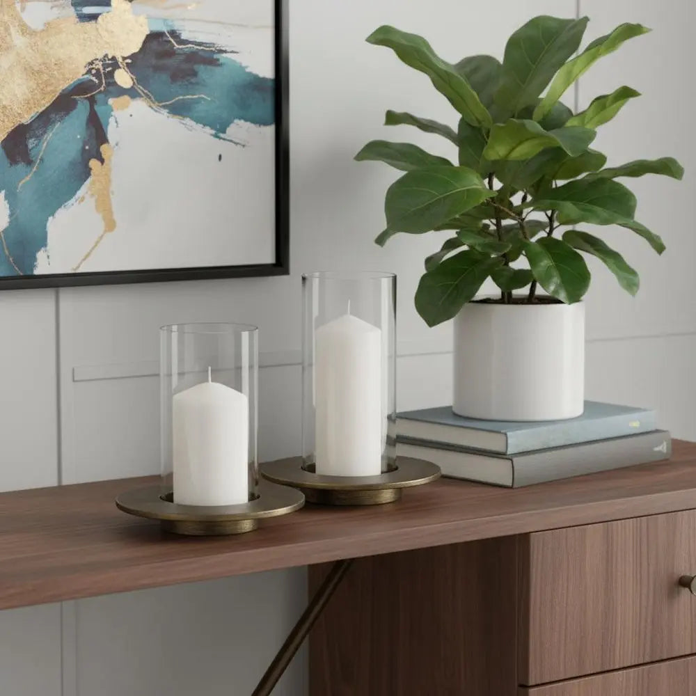 Set of Two Gold Distressed Geometric Metal Tabletop Hurricane Candle Holders