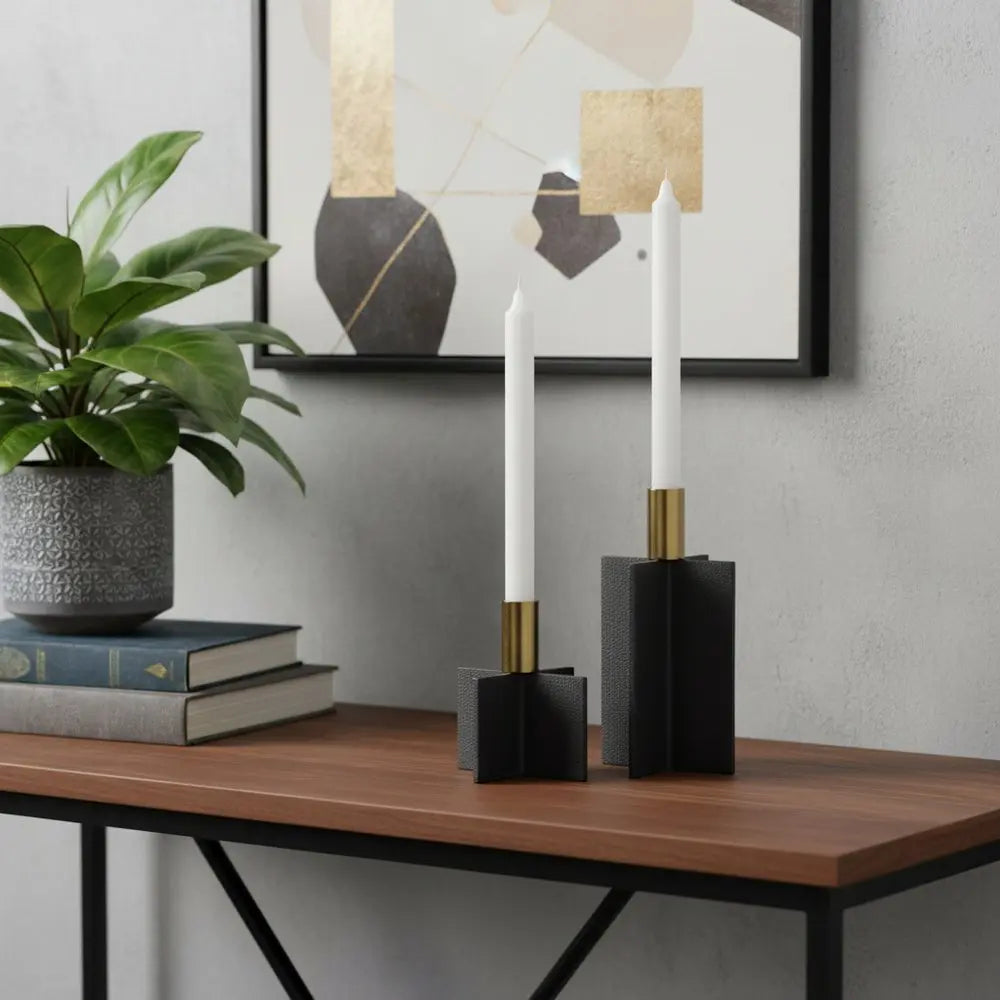 Set of Two Black And Gold Geometric Metal Tabletop Taper Candle Holders HomeRoots