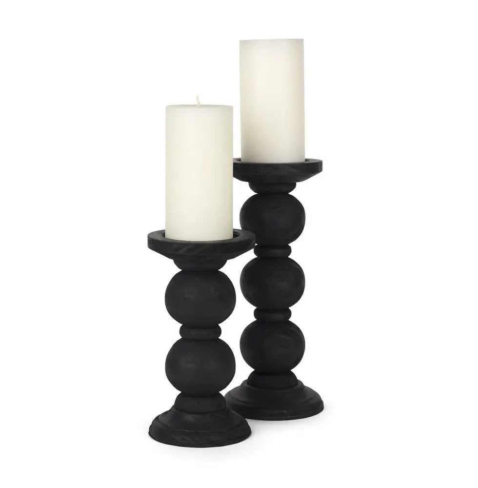 Set of Two Black Wood Abstract Tabletop Candle Holders HomeRoots