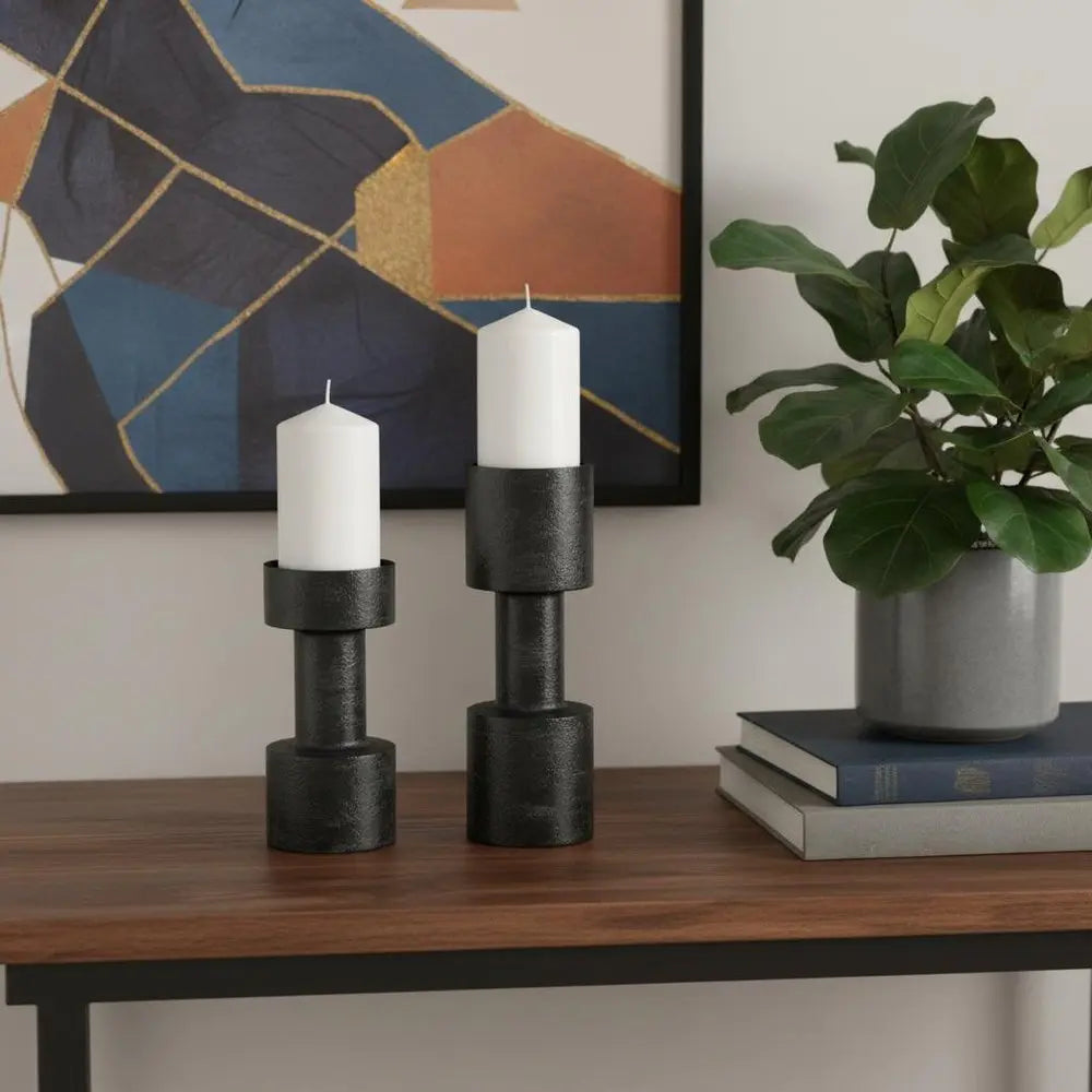 Set of Two Black Distressed Metal Tabletop Pillar Candle Holders HomeRoots