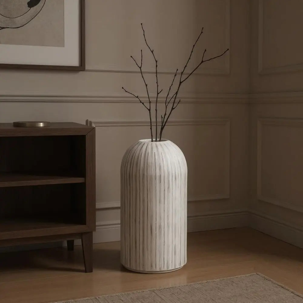 16" Gray And White Striped Cylinder Ceramic Floor Vase HomeRoots