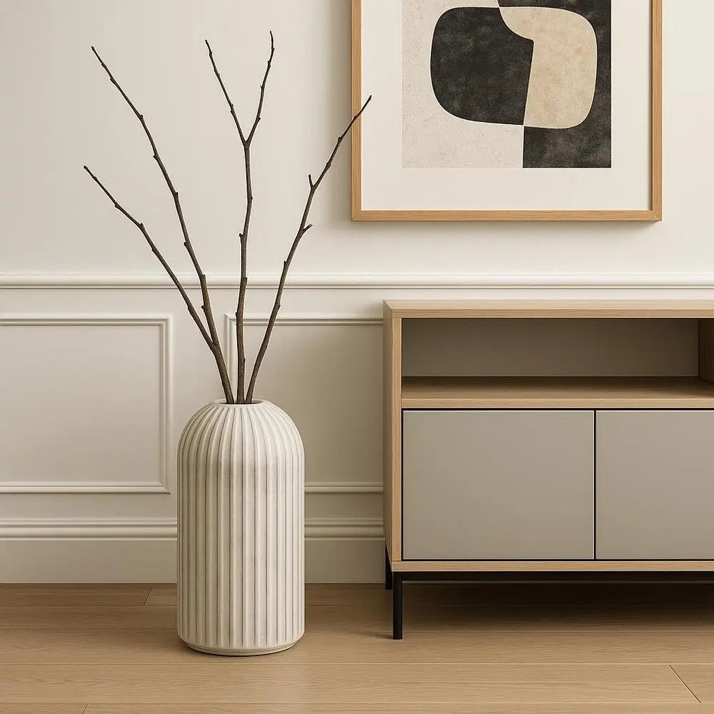 16" Gray And White Striped Cylinder Ceramic Floor Vase HomeRoots