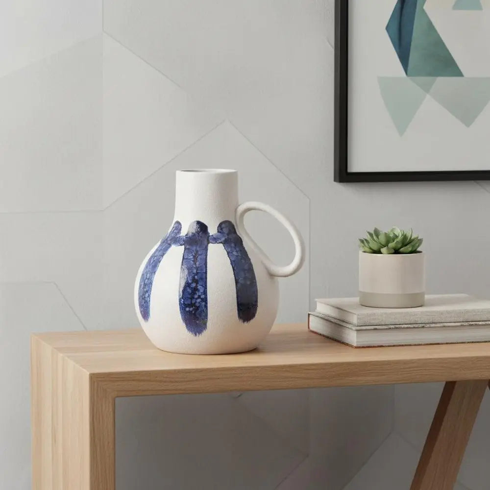 10" White And Blue Abstract Amphora Ceramic Jug Vase HomeRoots