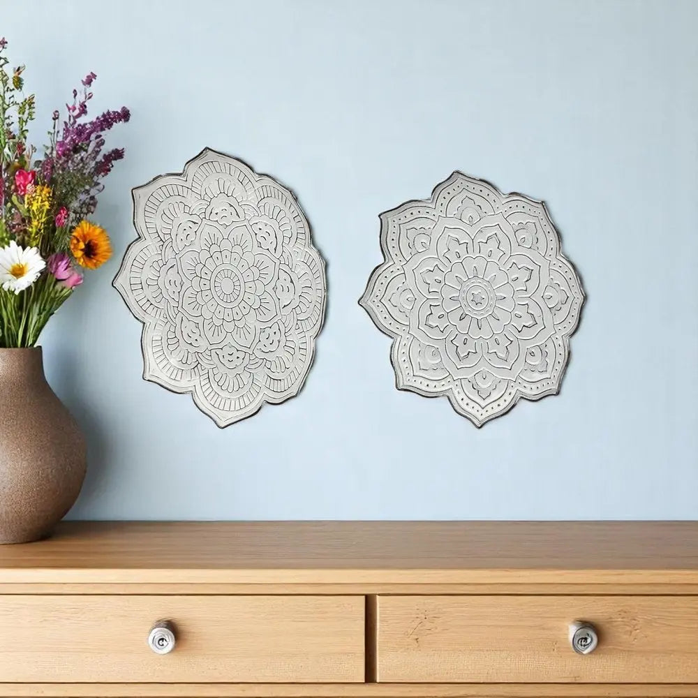 Set of Two Miranda Silver Flower Mandala Metal Hanging Dimensional Sculpture HomeRoots