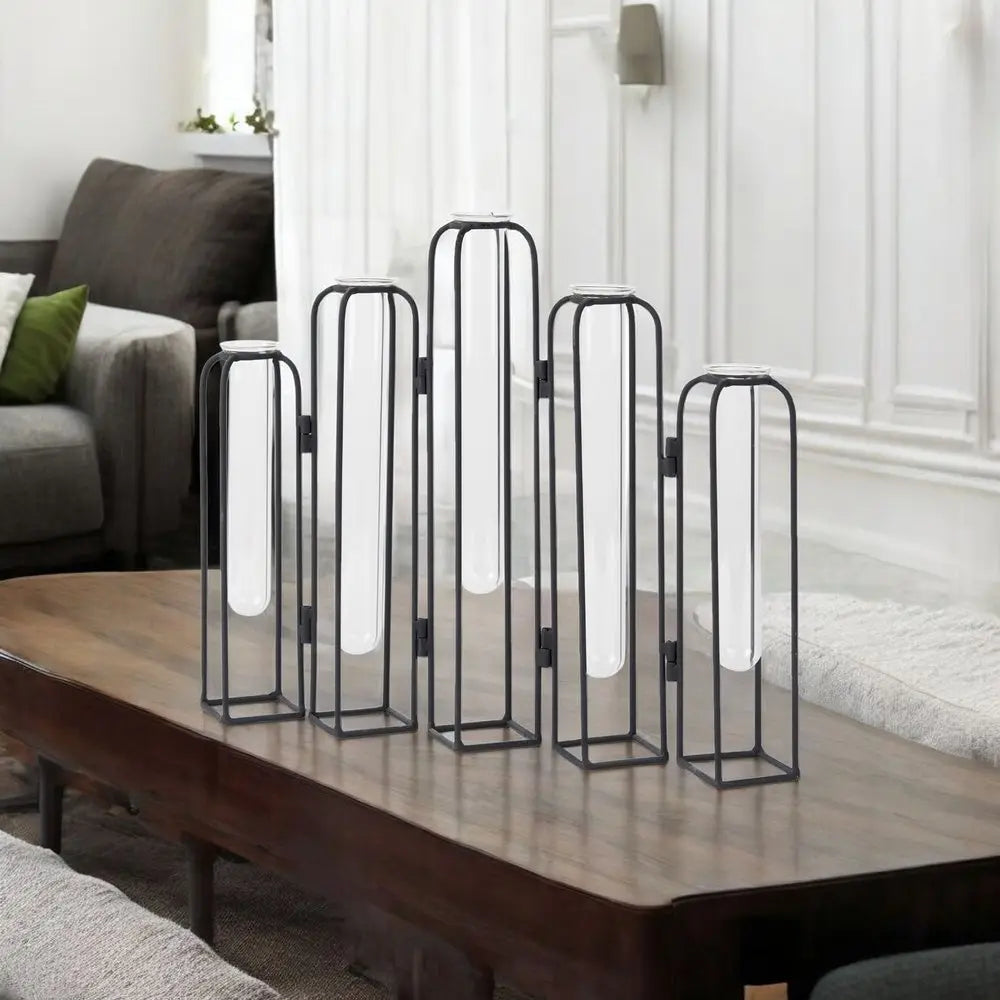 11" Black And Clear Glass And Metal Table Vase HomeRoots