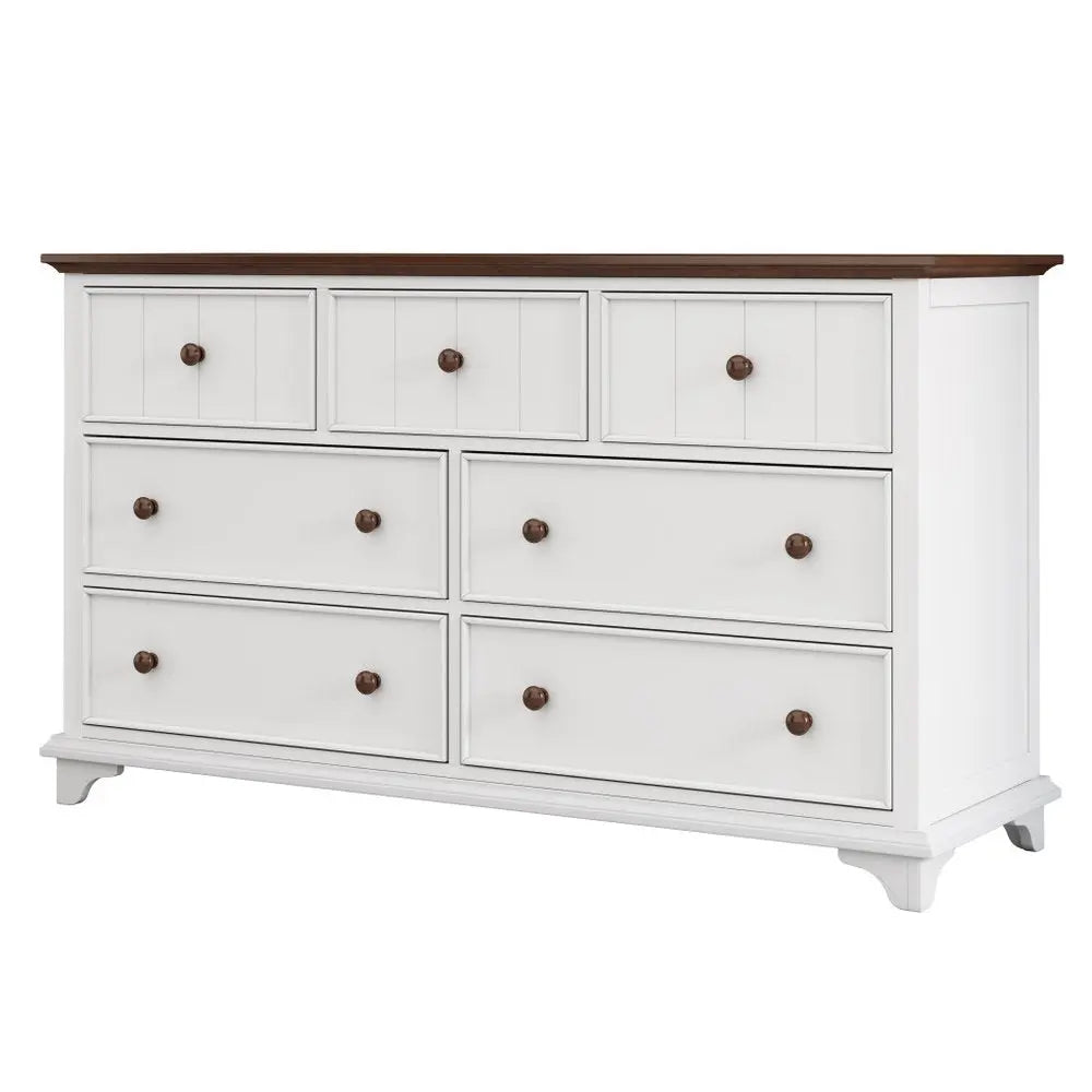 61" White And Walnut Wood Seven Drawer Captains Dresser - NOBLE HOME INTERIORS
