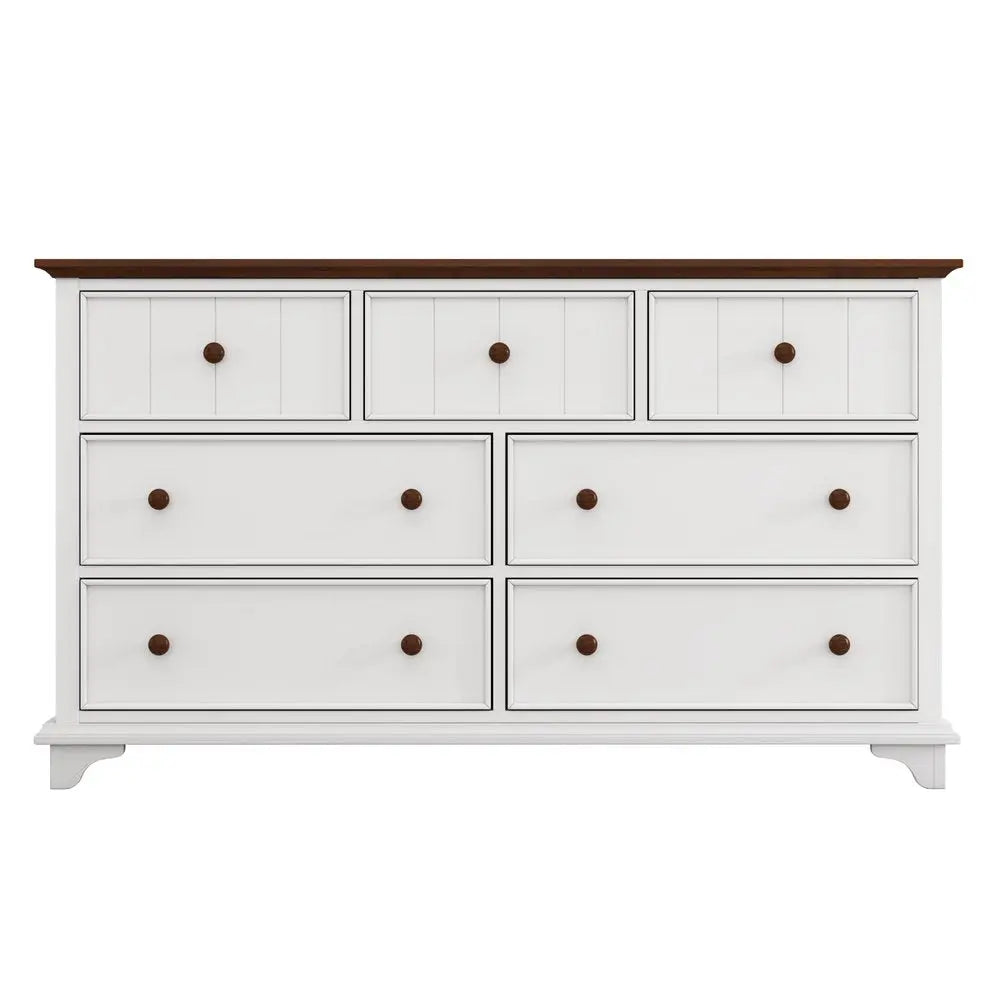 61" White And Walnut Wood Seven Drawer Captains Dresser - NOBLE HOME INTERIORS