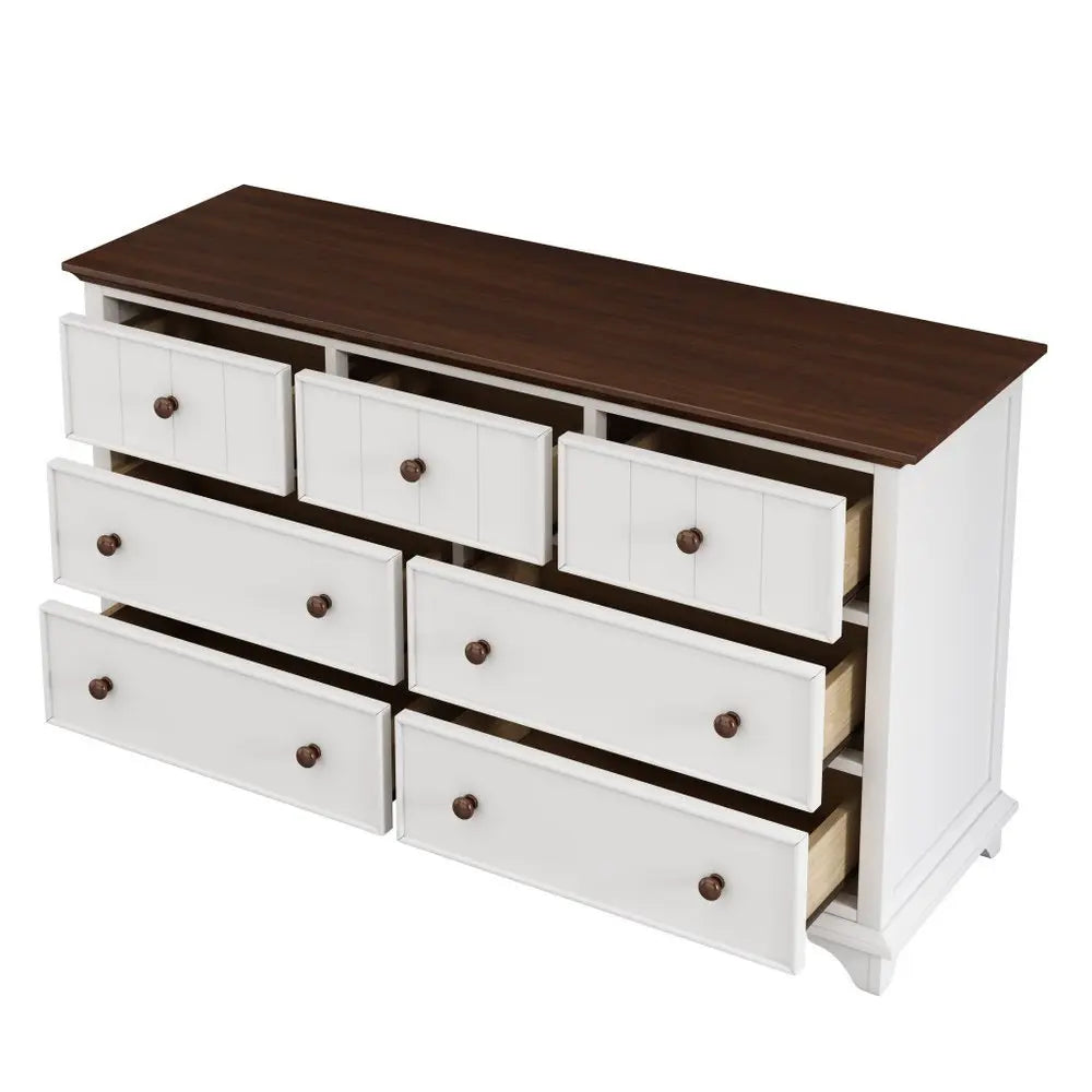 61" White And Walnut Wood Seven Drawer Captains Dresser - NOBLE HOME INTERIORS
