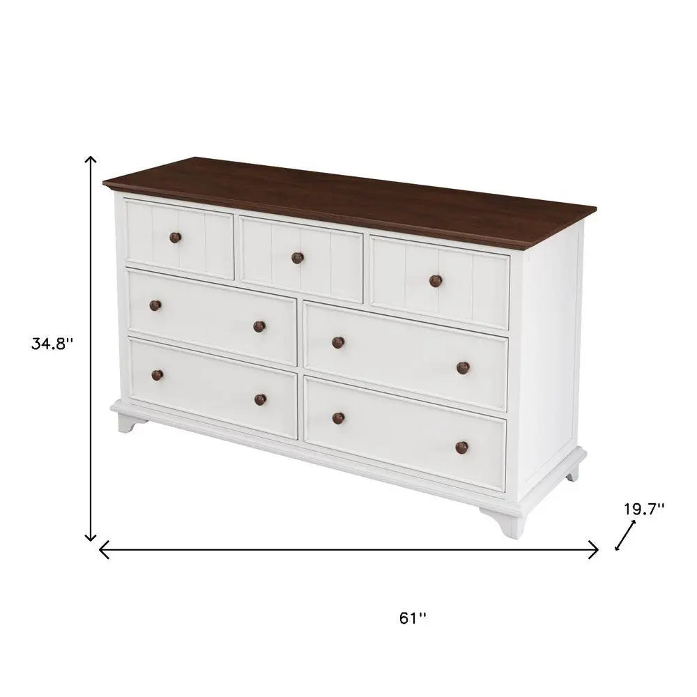 61" White And Walnut Wood Seven Drawer Captains Dresser - NOBLE HOME INTERIORS