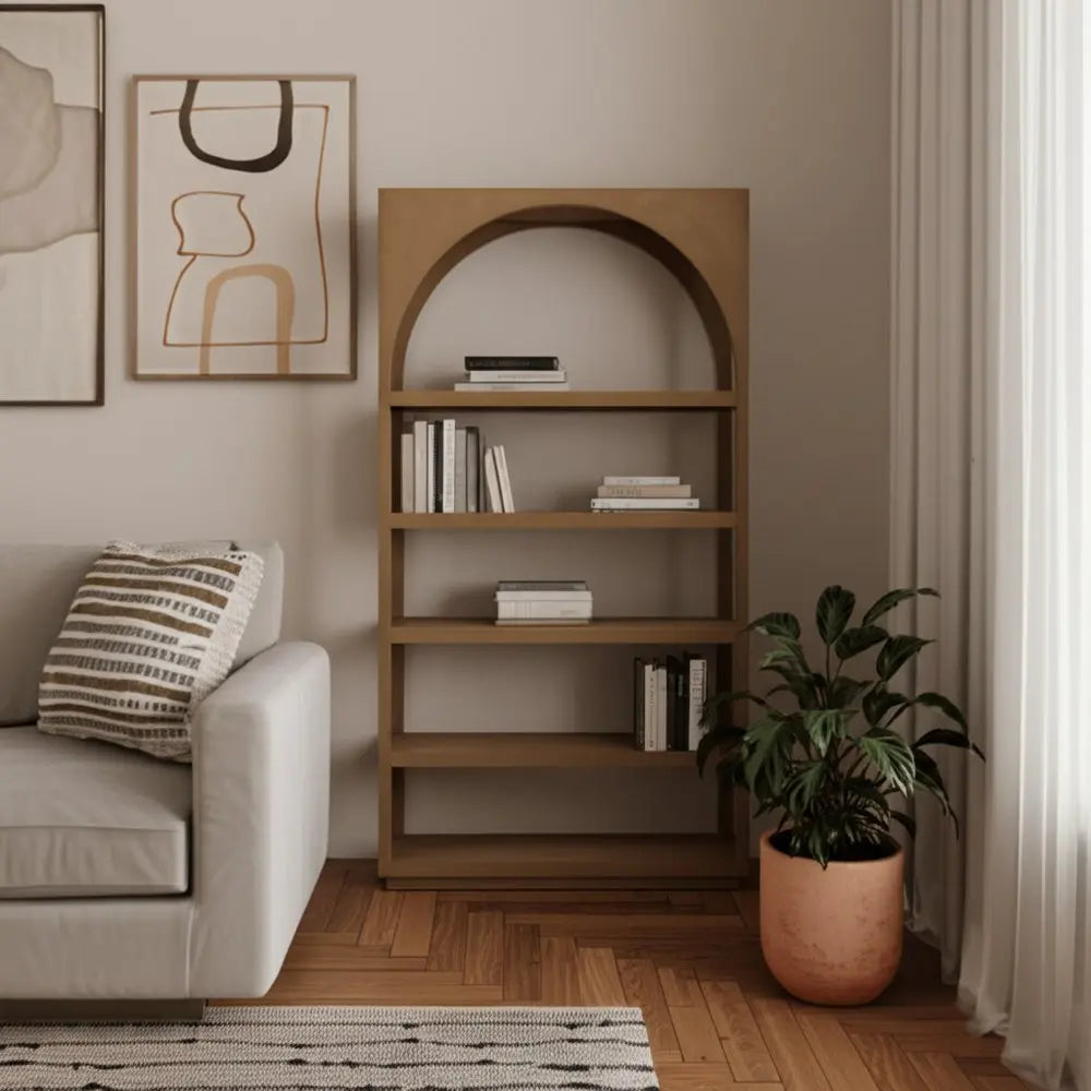 47" Brown Arched Solid Wood Five Tier Bookcase HomeRoots