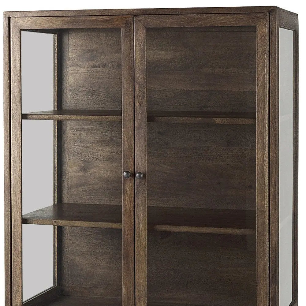 36" Brown and Black Solid Wood and Metal Display Cabinet With Two Doors HomeRoots