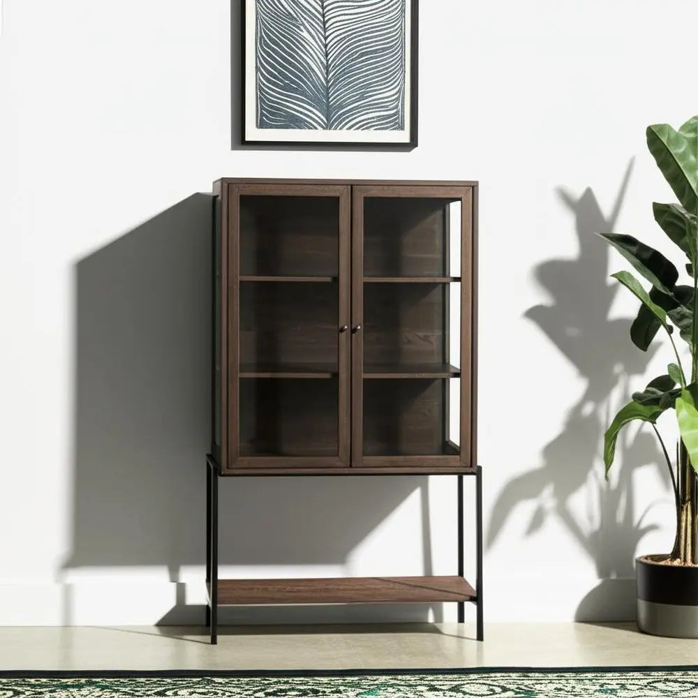 36" Brown and Black Solid Wood and Metal Display Cabinet With Two Doors HomeRoots