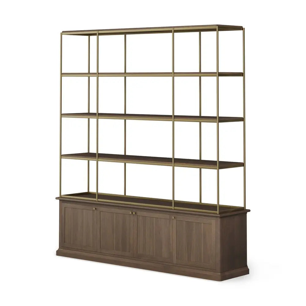 82" Antiqued Brass And Brown Distressed Metal and Solid Wood Four Tier Bookcase with Four Doors HomeRoots