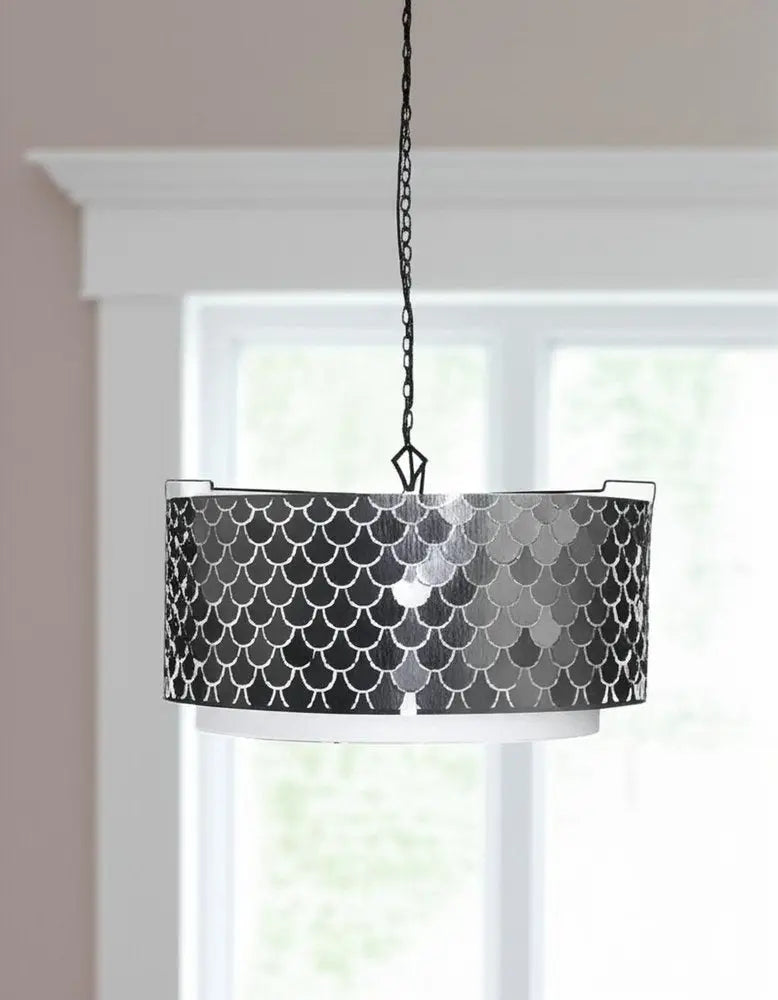 Charcoal Black And White Drum Metal Dimmable Chandelier With Black Shades HomeRoots