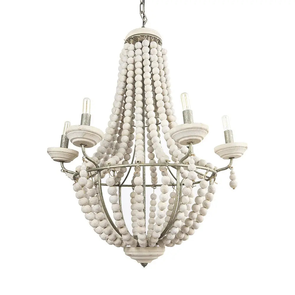 Silver And White Empire Six Light Metal and Beads Dimmable Chandelier HomeRoots