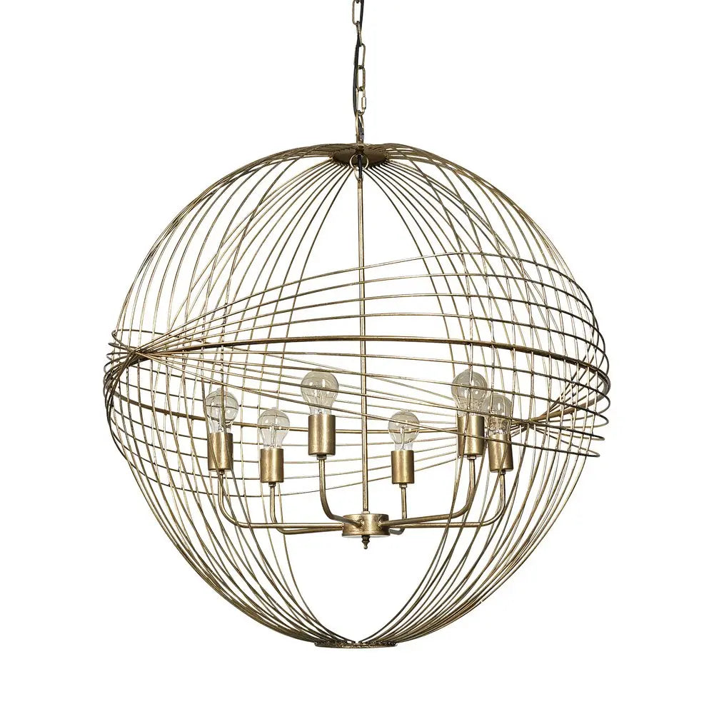 Gold Caged Six Light Metal and Glass Dimmable Chandelier With Gold Shades HomeRoots