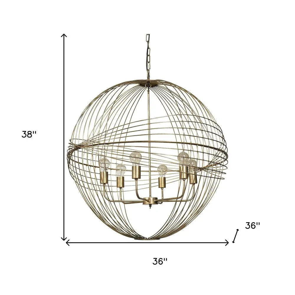 Gold Caged Six Light Metal and Glass Dimmable Chandelier With Gold Shades HomeRoots